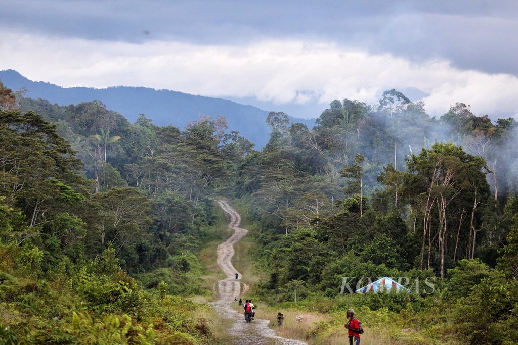 Kondisi jalur Trans-Papua seksi Nduga-Wamena di kawasan Kenyam, Sabtu (16/10/2021). Pembangunan Jalan yang berada di sekitar kawasan TN Lorentz tersebut terbengkalai sejak terjadi penembakan terhadap para pekerja oleh kelompok kriminal bersenjata pada akhir tahun 2018.