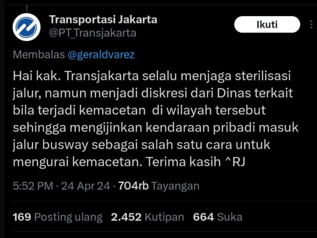 Keterangan Transjakarta melalui akun X-nya yang diunggah pada Rabu (24/4/2024).