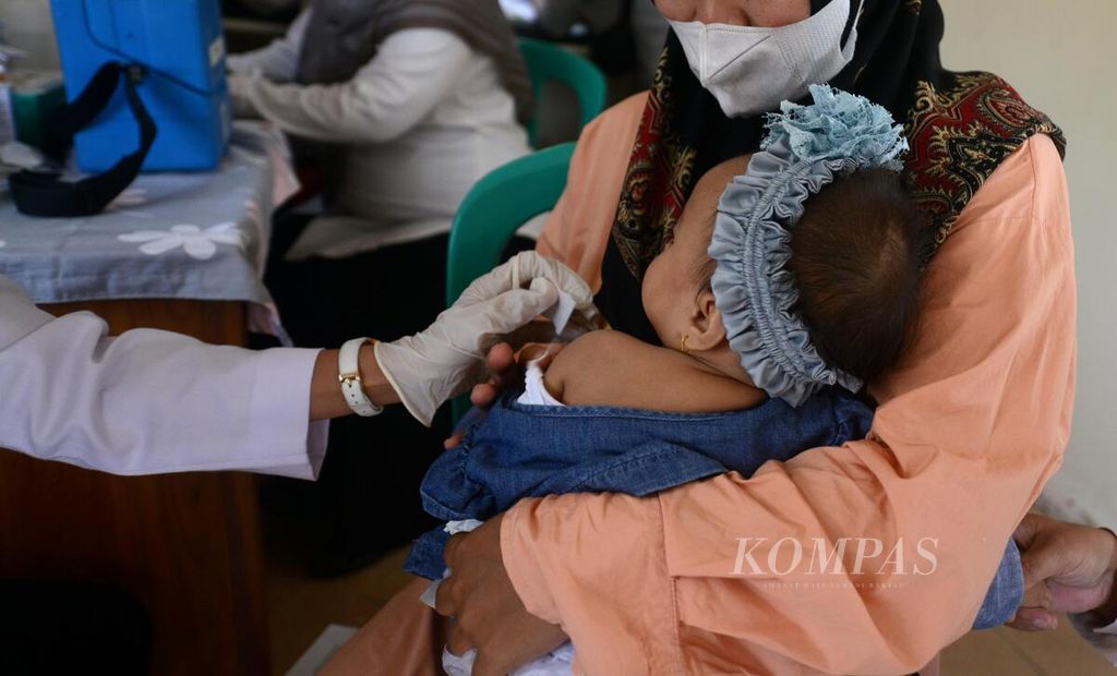 Anak balita mendapatkan imunisasi saat kegiatan posyandu di lingkungan RW 011 Kelurahan Cinangka, Kecamatan Sawangan, Kota Depok, Rabu (24/8/2022).