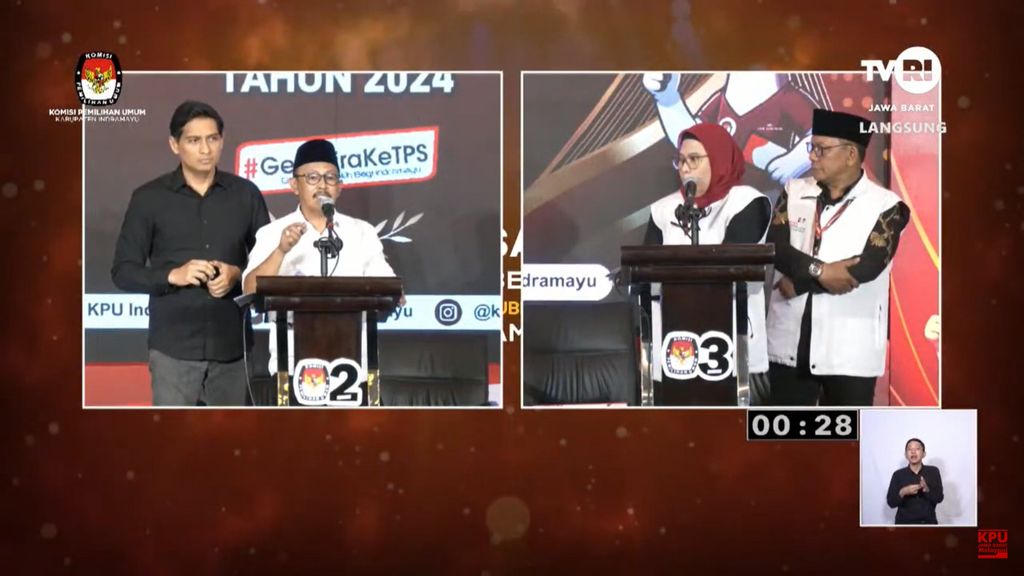 Tangkapan layar suasana debat antara pasangan calon bupati dan wakil bupati nomor urut 2 Lucky Hakim - Syaefudin (kiri) dengan paslon nomor urut 3 Nina Agustina - Tobroni di sebuah hotel di Kota Bandung, Jawa Barat, Senin (4/11/2024) malam.