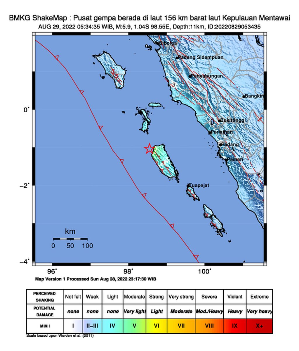 Peta gempa bumi bermagnitudo 5,9 di sekitar Pulau Siberut, Kepulauan Mentawai, Sumatera Barat, Senin (29/8/2022) pukul 05.34.