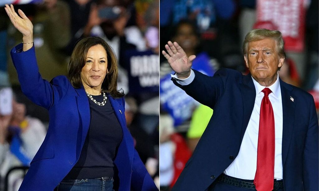 Kombinasi foto yang dibuat pada 1 November 2024 menunjukkan kandidat presiden AS dari Partai Demokrat, Kamala Harris, saat kampanye di Nevada pada 31 Oktober 2024 dan kandidat dari Partai Republik, Donald Trump, saat kampanye di Pennsylvania, 29 Oktober 2024. 