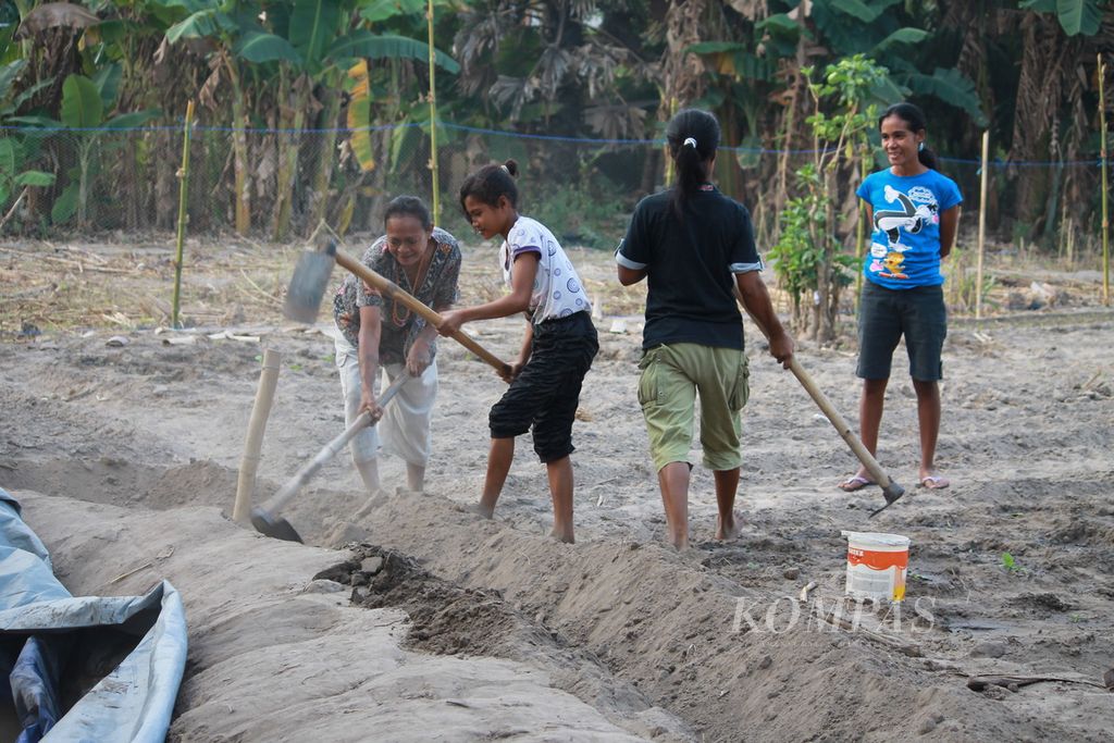 Perempuan Sumba bekerja dalam kelompok untuk mencangkul lahan dan mengerjakan berbagai pekerjaan lain secara bergilir setiap hari, Juli 2018. 