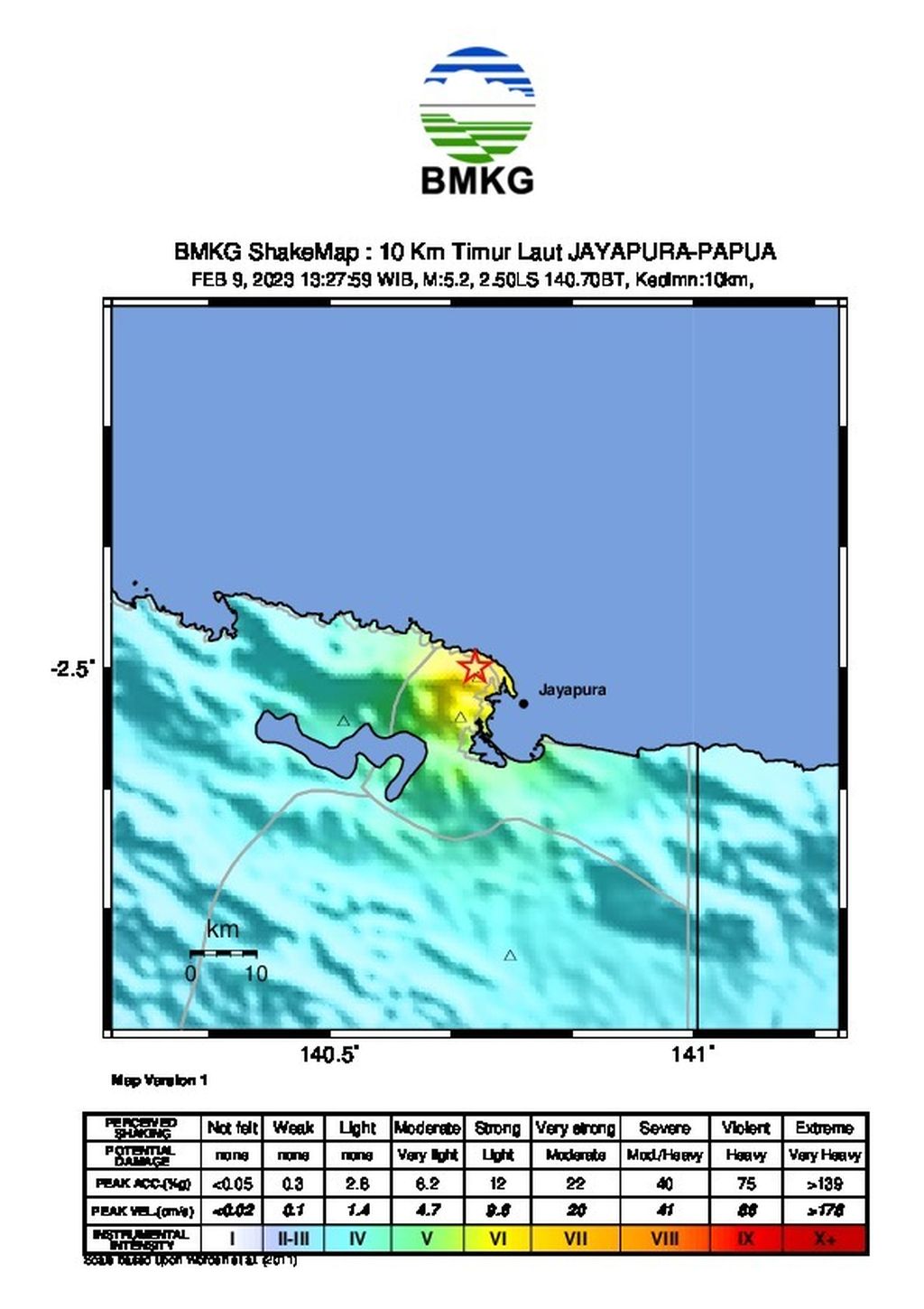 Gempa M 5,2 melanda Kota Jayapura, Papua, pada Kamis (9/2/2023) pukul 13.28 WIB. 