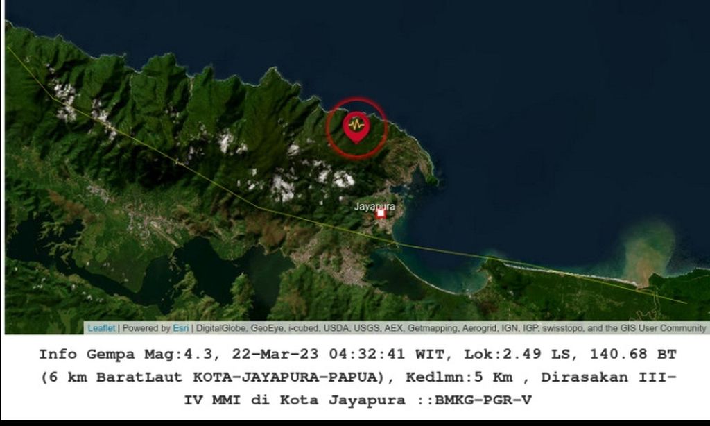 Infografis gempa bumi dengan kekuatan Magnitudo 4,3 di Kota Jayapura, Papua, Rabu (22/3/2023). Gempa terjadi dengan kedalaman 5 kilometer dan bersumber di Distrik Jayapura Utara.