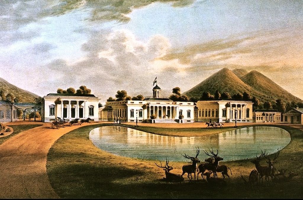 Paleis Buitenzorg atau Istana Bogor dengan kolam berbentuk ovarium. Litografi karya Theodorus Reijgers, 1842.