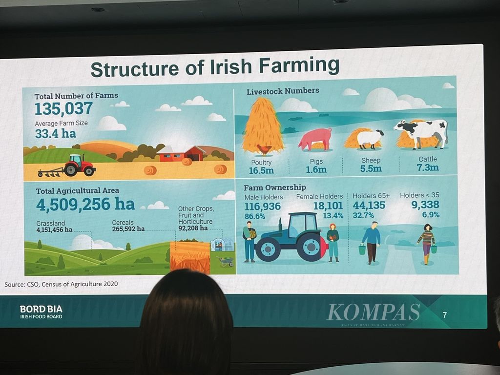 Presentasi Badan Pangan dan Ternak Irlandia (Board of BIA) Irlandia, Kamis (26/10/2023), memperlihatkan jumlah hewan ternak yang ada di peternakan di seluruh negara tersebut. 