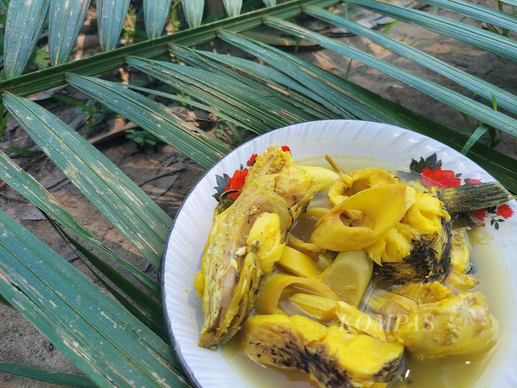 Hidangan gangan umbut nangak dan ikan gabus yang dibuat oleh masyarakat Desa Perpat, Membalong, Kabupaten Belitung, Kepulauan Bangka Belitung, Selasa (19/7/2022). 