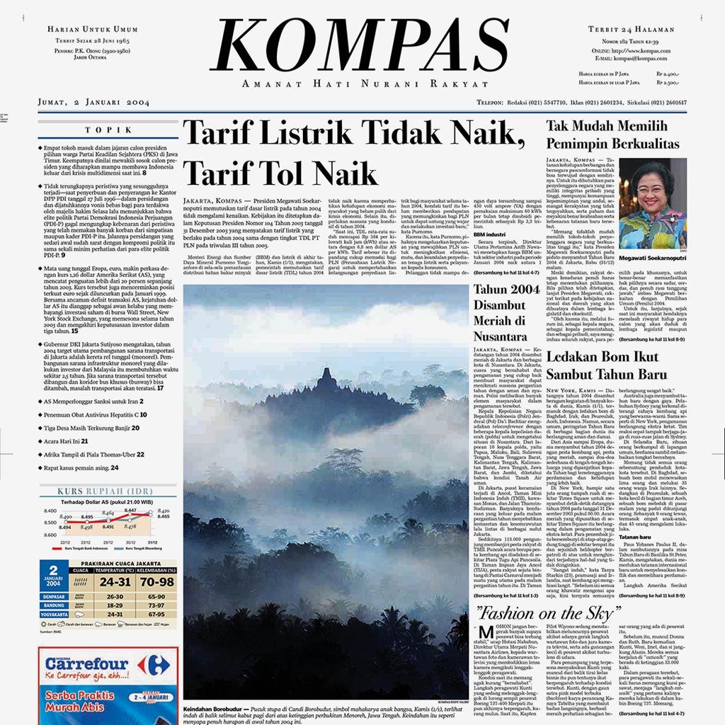 Halaman pertama harian Kompas edisi 2 Januari 2004 dengan foto Borobudur karya Eddy Hasby.