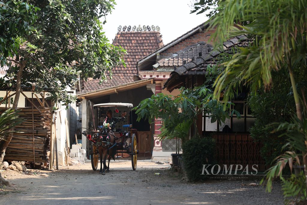 Kusir dokar melintas di dekat deretan rumah yang dimanfaatkan untuk <i>homestay</i> di Desa Wanurejo, Borobudur, Magelang, Jawa Tengah, Minggu (29/10/2023). 