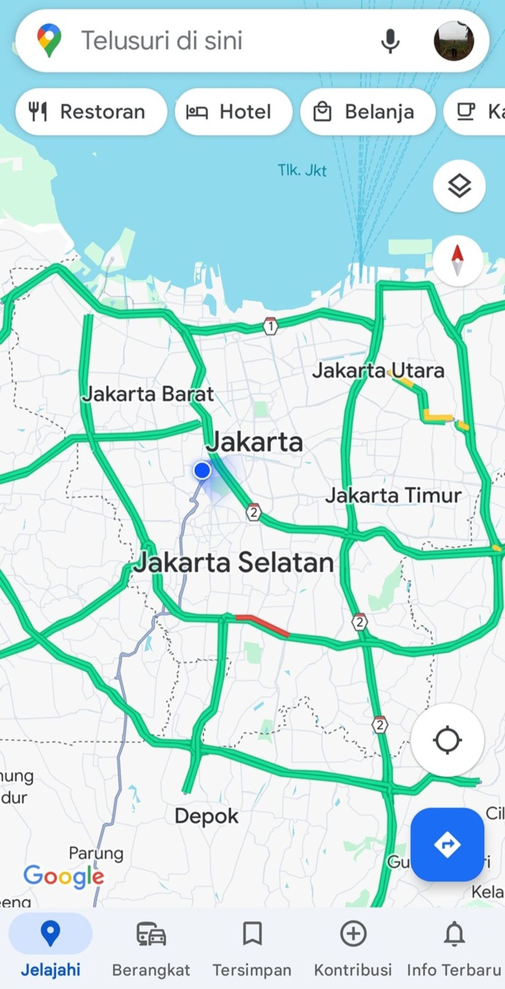 Tangkapan layar kondisi arus lalu lintas di Jakarta dari Google Maps diakses pada Jumat (9/2/2024). Arus lalu lintas lancar seiring ratusan ribu kendaraan meninggalkan Jabodetabek karena liburan panjang Isra Miraj dan Imlek.
