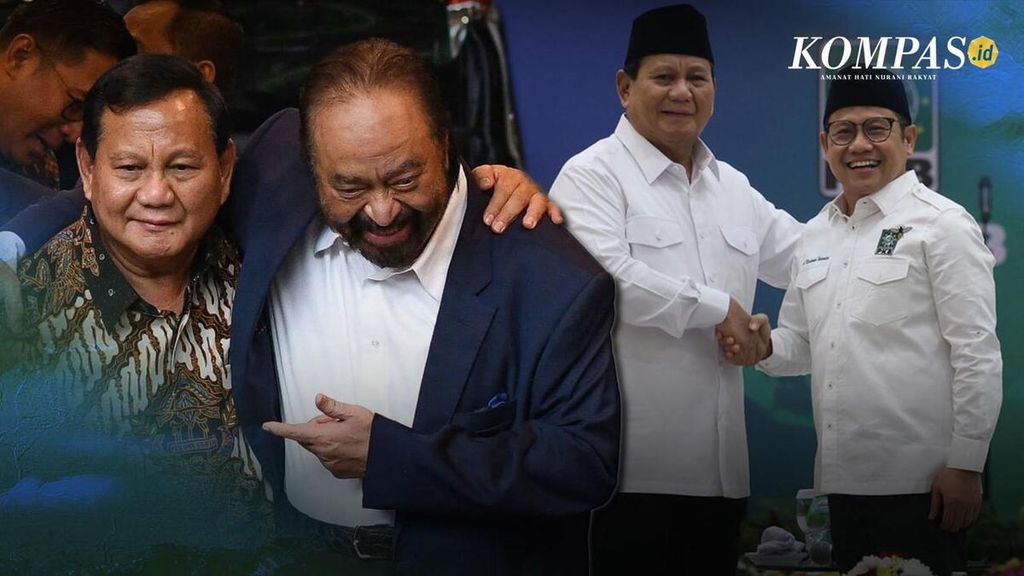 Foto saat Presiden terpilih Prabowo Subianto bertemu Ketua Umum Partai Nasdem Surya Paloh (kiri) dan saat Prabowo bertemu Ketua Umum Partai Kebangkitan Bangsa Muhaimin Iskandar
