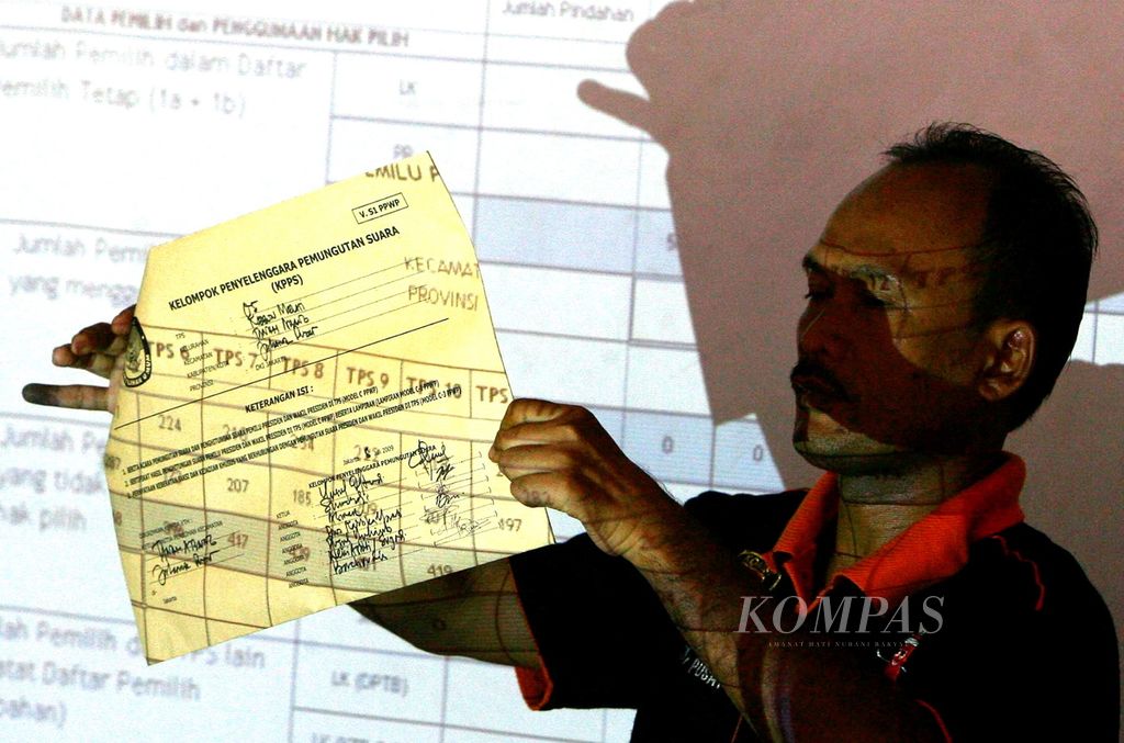Petugas PPK Tanah Abang, Jakarta Pusat, menunjukkan berita acara yang dalam keadaan tersegel saat rekapitulasi suara pemilu presiden, Kamis (9/7/2009). 