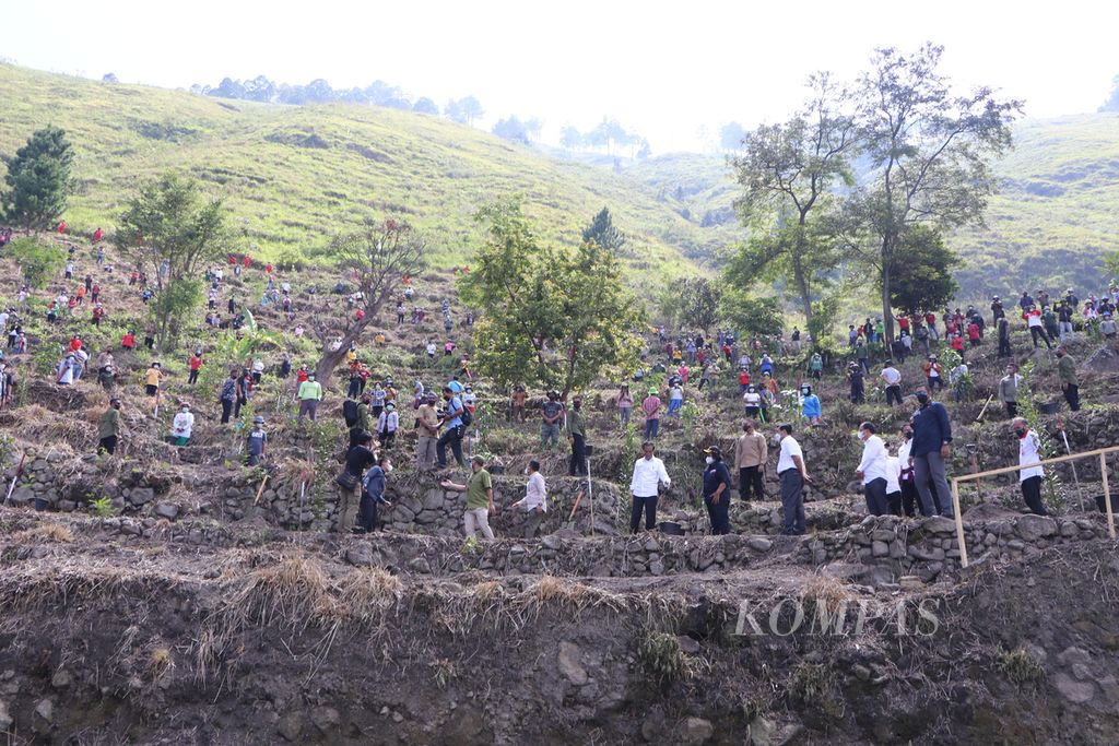 Presiden Joko Widodo menanam pohon bersama ratusan warga di bukit terjal di tepi Danau Toba, Desa Simangulampe, Kecamatan Baktiraja, Kabupaten Humbang Hasundutan, Sumatera Utara, Kamis (3/2/2022). 