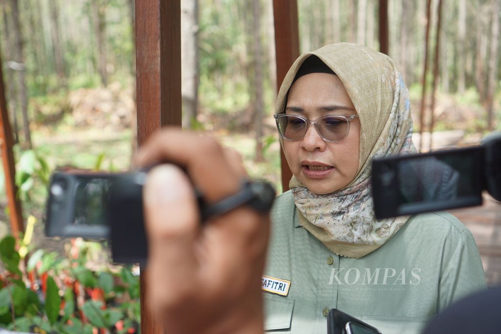 Deputi Bidang Lingkungan Hidup dan Sumber Daya Alam Otorita IKN Myrna A Safitri di kawasan Miniatur Hutan Hujan Tropis Nusantara di IKN, Kamis (28/12/2023).