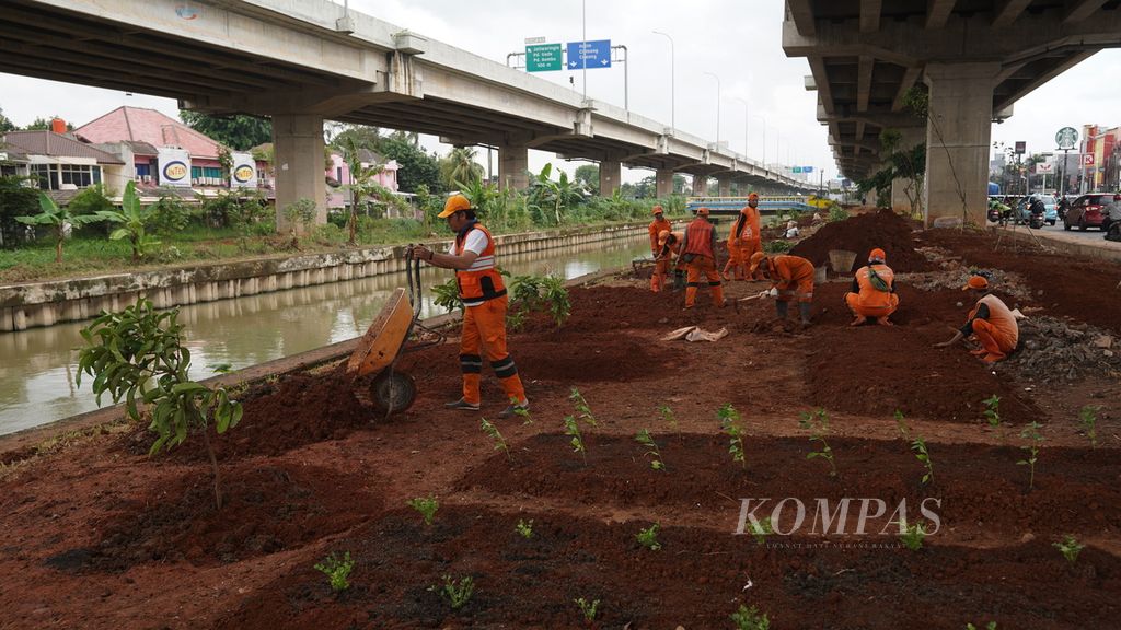 Petugas Penanganan Prasarana dan Sarana Umum (PPSU) Kelurahan Duren Sawit mengolah tanah untuk penanaman di kolong jalan Tol Becakayu, Jakarta Timur, Jumat (30/12/2022).