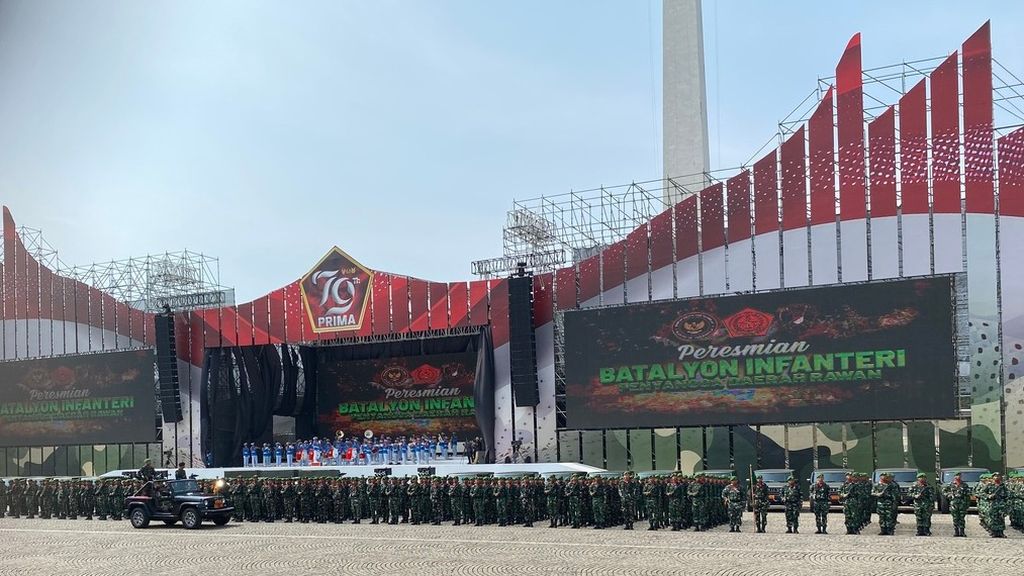 Suasana saat peresmian lima batalyon Infanteri Penyangga Daerah Rawan, di Jakarta, Rabu (2/10/2024). 