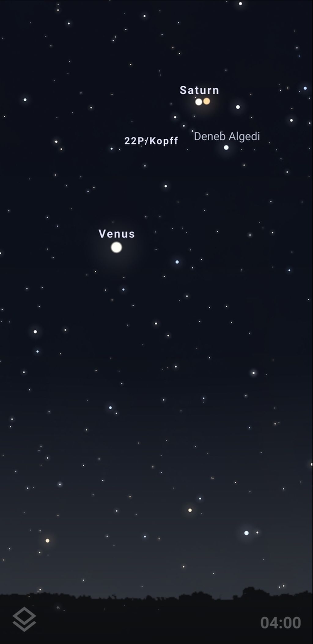 Ilustrasi pemandangan langit yang diambil dengan lokasi Tangerang Selatan, Banten, Selasa (5/4/2022) pukul 04.00 WIB ke arah timur, menggunakan aplikasi Stellarium. Pada saat tersebut, Saturnus yang putih kekuningan bersanding dengan Mars yang merah. Venus terlihat kuning berkilauan di kiri bawah.