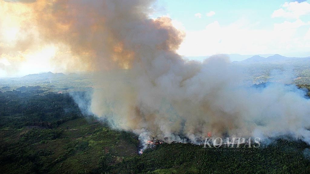 Pantauan udara menggunakan helikopter menunjukkan kebakaran lahan terjadi di Kabupaten Landak, Kalimantan Barat, pada Senin (31/7/2017).