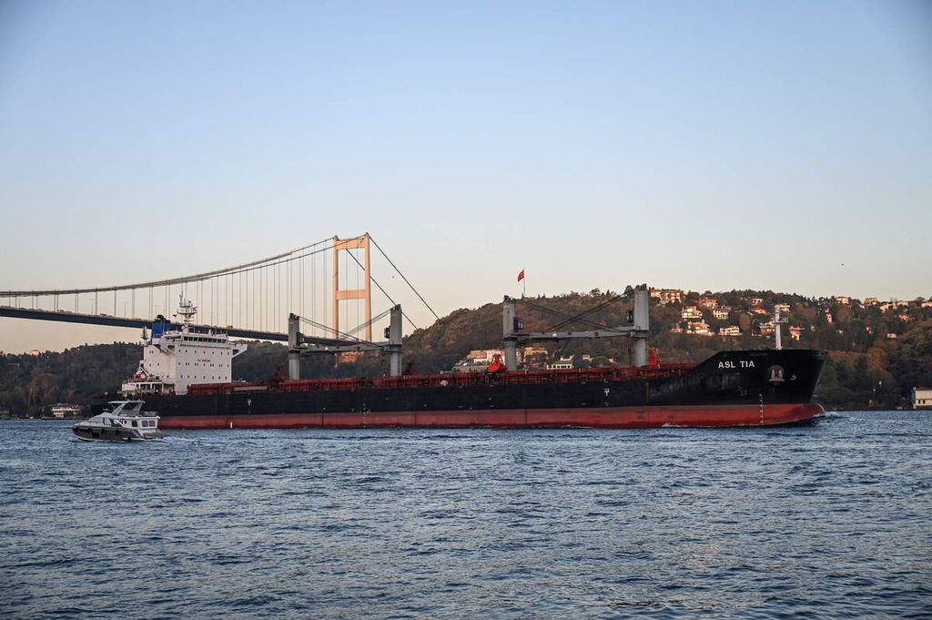 Asl Tia, kapal kargo pengangkut gandum dari Ukraina, berlayar melintas di bawah jembatan Fatih Mehmet Sultan di Bosphorus menuju Laut Marmara di Istanbul, Turki, 2 November 2022. 