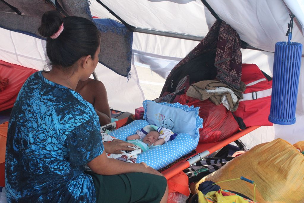 Seorang bayi tidur di tenda pengungsian korban erupsi Gunung Lewotobi Laki-laki di Kabupaten Flores Timur, Nusa Tenggara Timur, Rabu (13/11/2024). Kondisi tenda pengungsian tidak layak untuk ditinggali bayi yang baru sekitar 11 jam terlahir ke bumi itu.