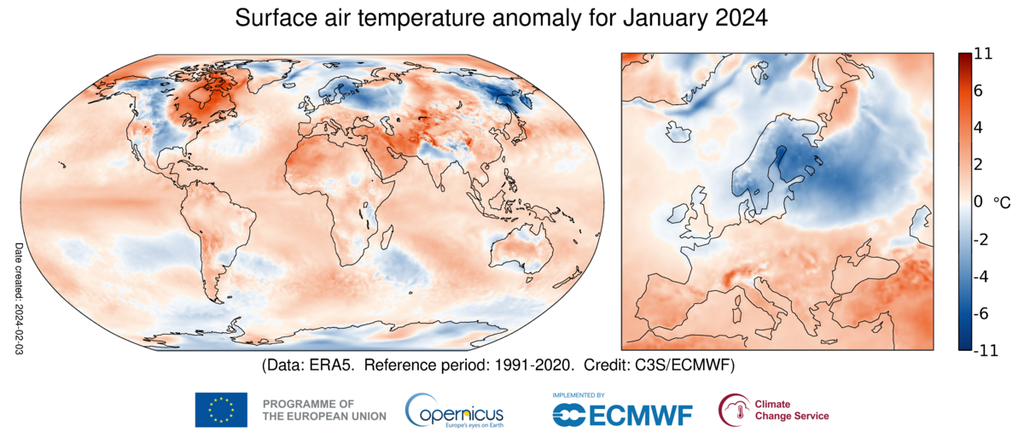 Anomali suhu udara permukaan bulan Januari 2024 relatif terhadap rata-rata bulan Januari periode 1991-2020. 