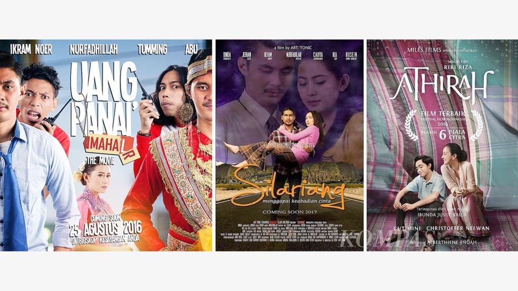 Tiga poster film berlatar Bugis-Makassar, yakni <i>Uang Pana</i>, <i>Silariang</i>, dan <i>Athirah</i>.
