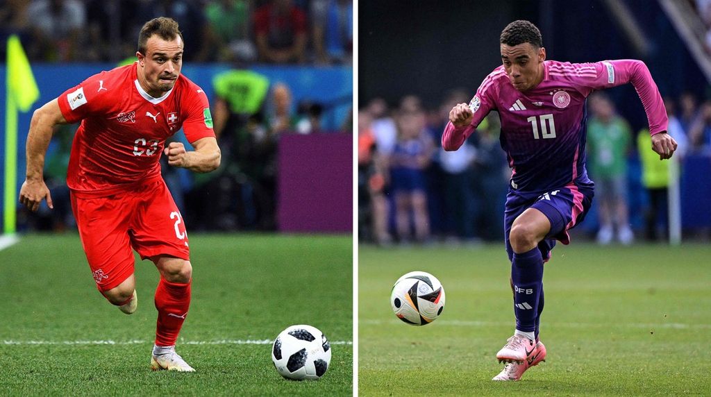 Penyerang Swiss, Xherdan Shaqiri (kiri), dan gelandang Jerman, Jamal Musiala, dalam foto yang digabung, 20 Juni 2024. Swiss dan Jerman akan berhadapan pada pertandingan Grup A Piala Eropa 2024 di Stadion Frankfurt Arena, Senin (24/6/2024) pukul 02.00 WIB. 