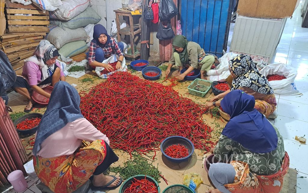 Ibu-ibu sedang menyortir cabai merah untuk dijadikan cabai giling di Pasar Raya Padang, Kota Padang, Sumatera Barat, Senin (4/3/2024). 
