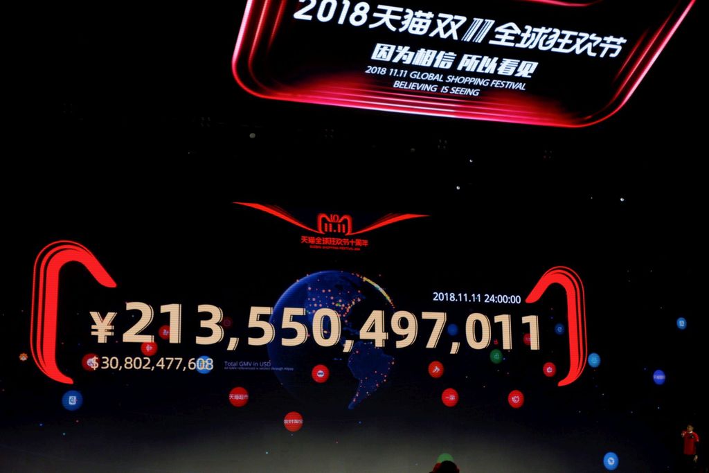 Rekor baru Alibaba Group dalam festival belanja daring 24 jam “11.11 Global Shopping Market” tercipta dalam 16 jam setelah pembukaan, Minggu (11/11/2018). Penjualan Alibaba tahun ini sebesar 213,5 miliar yuan atau 30,8 miliar dollar Amerika Serikat (Rp 454,2 triliun), meningkat 27 persen dari tahun 2017.