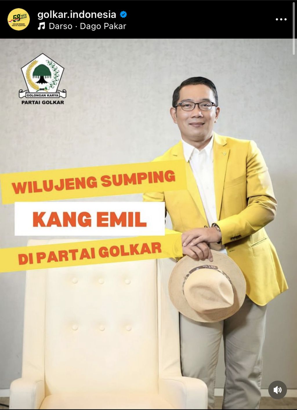 Akun resmi Instagram Partai Golkar mengunggah kabar bergabungnya Gubernur Jawa Barat Ridwan Kamil ke Golkar, Rabu (18/1/2023). 
