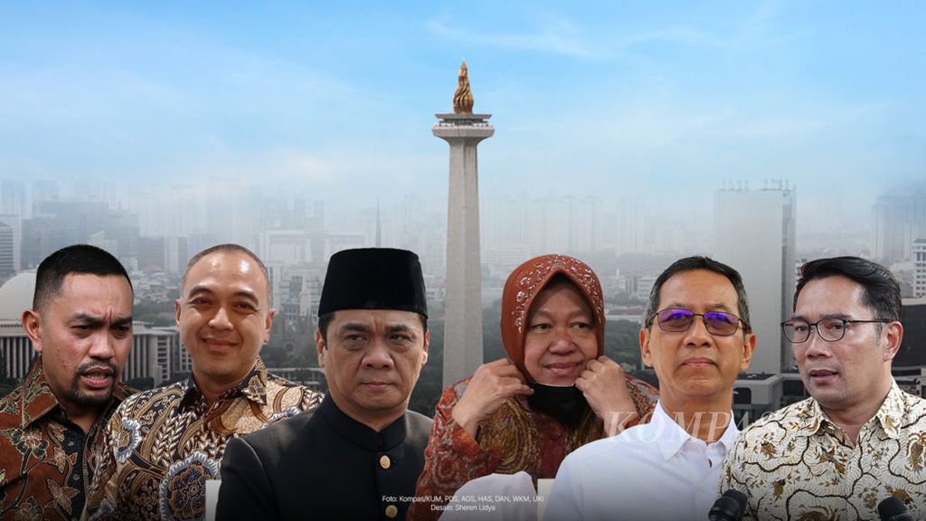 A line-up of figures nominated for the position of Governor of Jakarta (from left to right): Ahmad Sahroni, Ahmed Zaki, Ahmad Reza Patria, Tri Rismaharini, Heru Budi, and Ridwan Kamil. According to plan, the Jakarta regional elections will be held in November 2024.