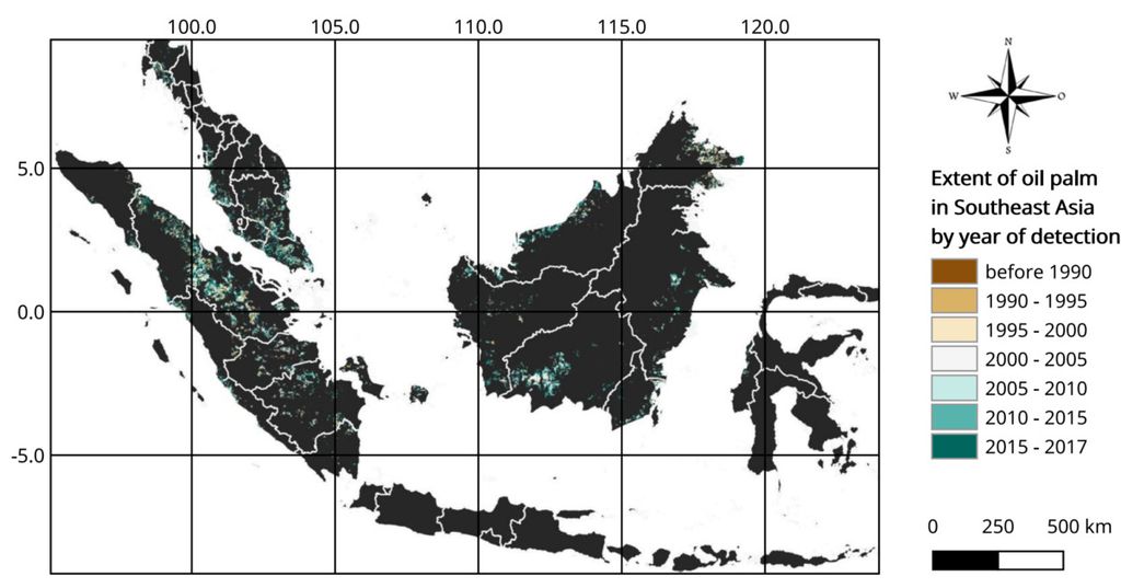 Perluasan lahan sawit di Indonesia, Malaysia, dan Thailand berdasarkan periode waktu. Indonesia memiliki perluasan sawit tertinggi, terutama dalam kurun waktu 2010-2017. Sumber: <i>Jurnal Nature</i>, 2021