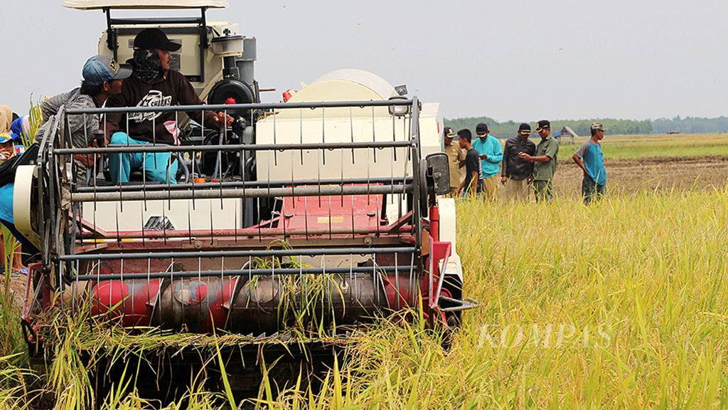 Petani tengah memanen padi dengan pemanen kombinasi (<i>combine harvester</i>) di Desa Upang Marga, Kecamatan Air Saleh, Kabupaten Banyuasin, Sumatera Selatan Senin (29/1).
