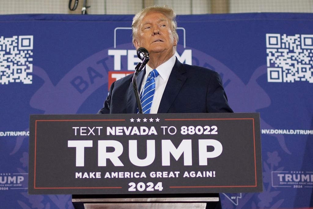 Bakal calon presiden dari Partai Republik, Donald Trump, berbicara saat kampanye pada 27 Januari 2024 di Las Vegas, Amerika Serikat. 