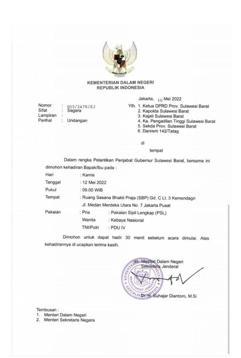 Undangan pelantikan Penjabat Gubernur Sulbar pada Kamis (12/5/2022).