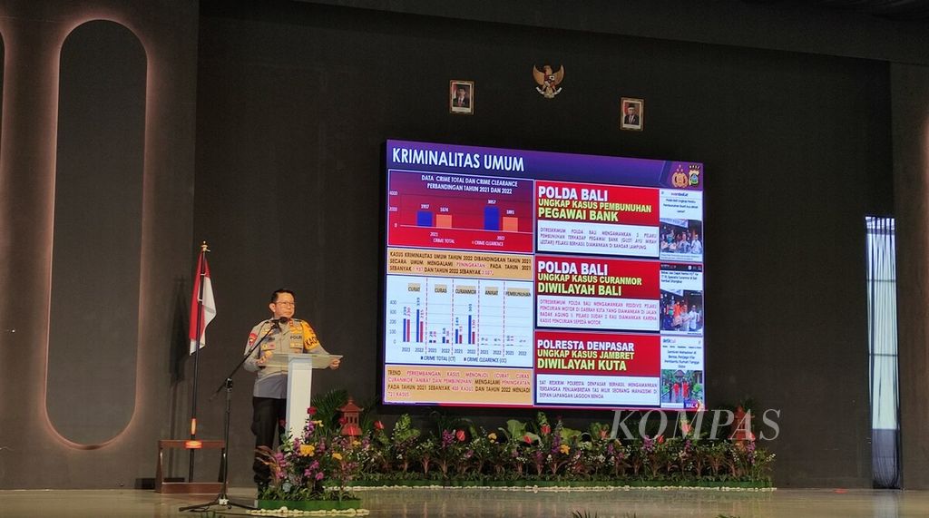 Kepala Polda Bali Inspektur Jenderal Putu Jayan Danu Putra ketika memberikan pemaparan dalam konferensi pers akhir tahun 2022 yang digelar Polda Bali di Kota Denpasar, Kamis (29/12/2022).