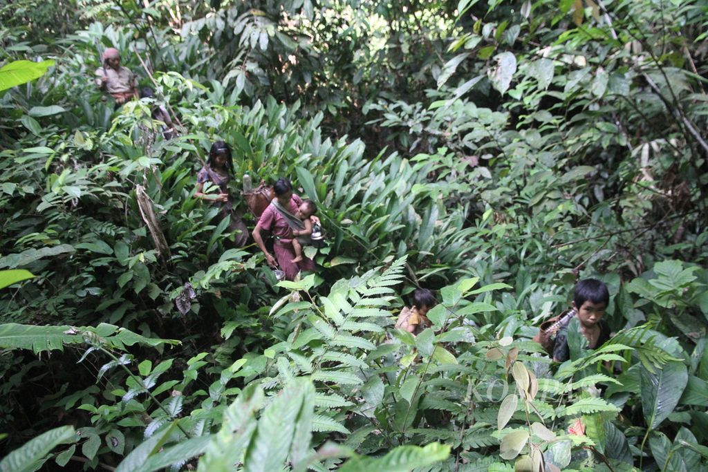 Rombongan suku Punan Batu berjalan menyusuri hutan di sekitar hulu Sungai Sajau, Kabupaten Bulungan, Kalimantan Utara Kamis (19/10). Suku pemburu dan peramu ini terancam dengan perusakan hutan dan perkebunan sawit yang menggusur ruang hidup mereka.