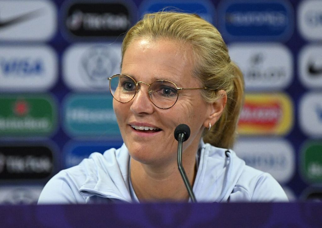 England's head coach Sarina Wiegman attends a press conference at Old Trafford stadium in Manchester, central England on July 5, 2022, on the eve of their UEFA Women's Euro 2022 football match against Austria.
