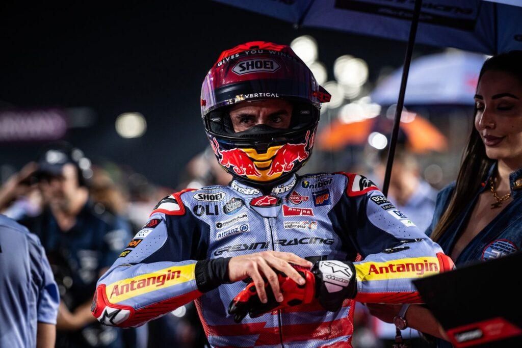 Pebalap Gresini Racing Marc Marquez bersiap menjalani start balapan Sprint MotoGP di Sirkuit Internasional Lusail, Qatar, Sabtu (9/3/2024) malam WIB. Marquez menjalani balapan 11 putaran itu dengan solid dan finis di posisi kelima.