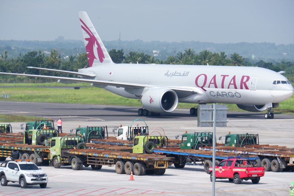 Qatar Airways Cargo Airplane with Flight Number QR8062 carrying logistics for the Mandalika MotoGP, landed at Lombok International Airport, West Nusa Tenggara, Wednesday (9/3/2022)..