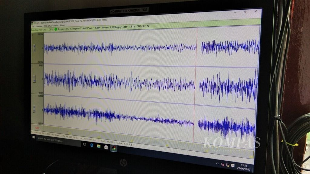 Seismograph monitors at the BMKG Geophysical Station office in Malang, East Java, June 21, 2020.