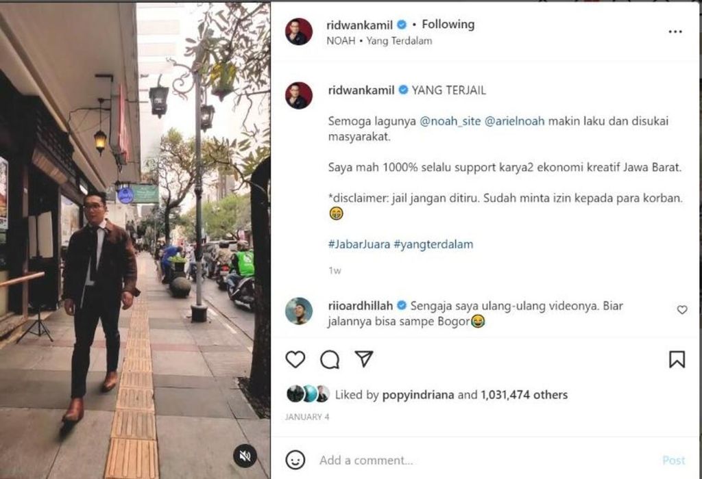 Tangkapan layar konten di Instagram Ridwan Kamil yang viral dengan tema lagu “Yang Terdalam”.