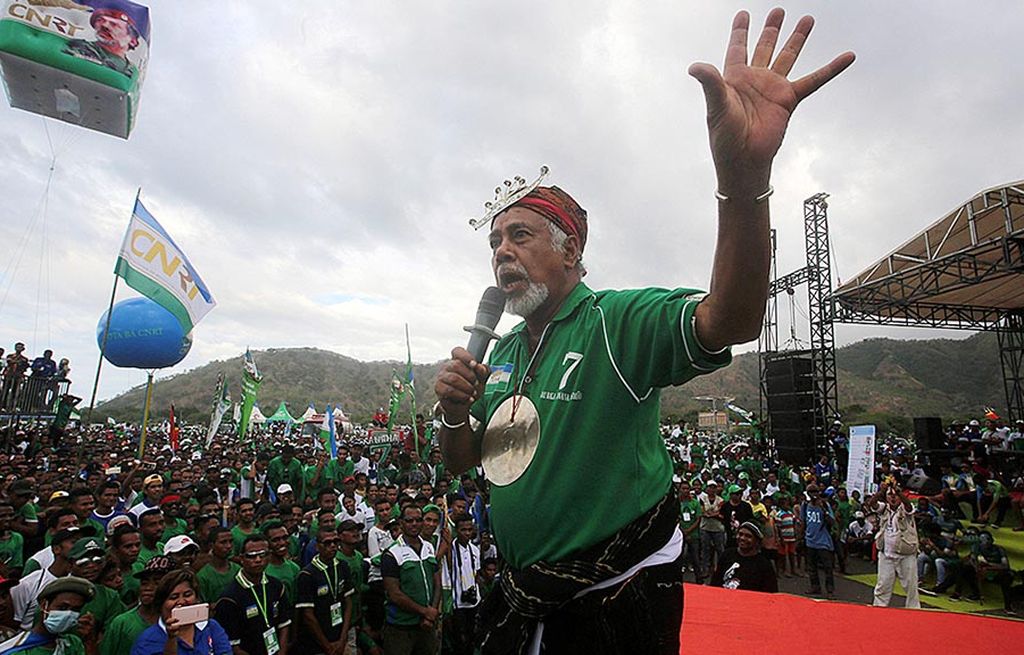 Mantan Presiden  Timor-Leste,  Xanana Gusmao, berpidato dalam kampanye  partai Kongres Nasional untuk Rekonstruksi Timor (CNRT) menjelang pemilu parlemen yang akan digelar akhir pekan ini, di Dili, Timor-Leste, 18 Juli lalu. 