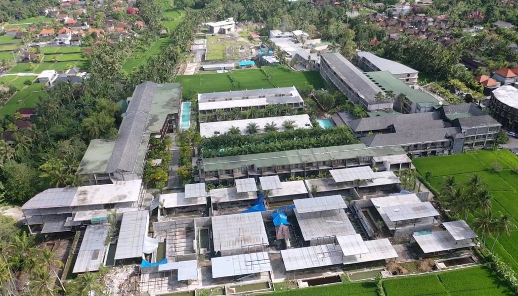 The tourist area of Parq Ubud in Gianyar Regency, Bali, seen from the air, in April 2023. Parq Ubud covering an area of 4.5 hectares has 100 residential apartment rooms and is equipped with various facilities. Visitors to Parq Ubud are dominated by foreign nationals, especially Russians.