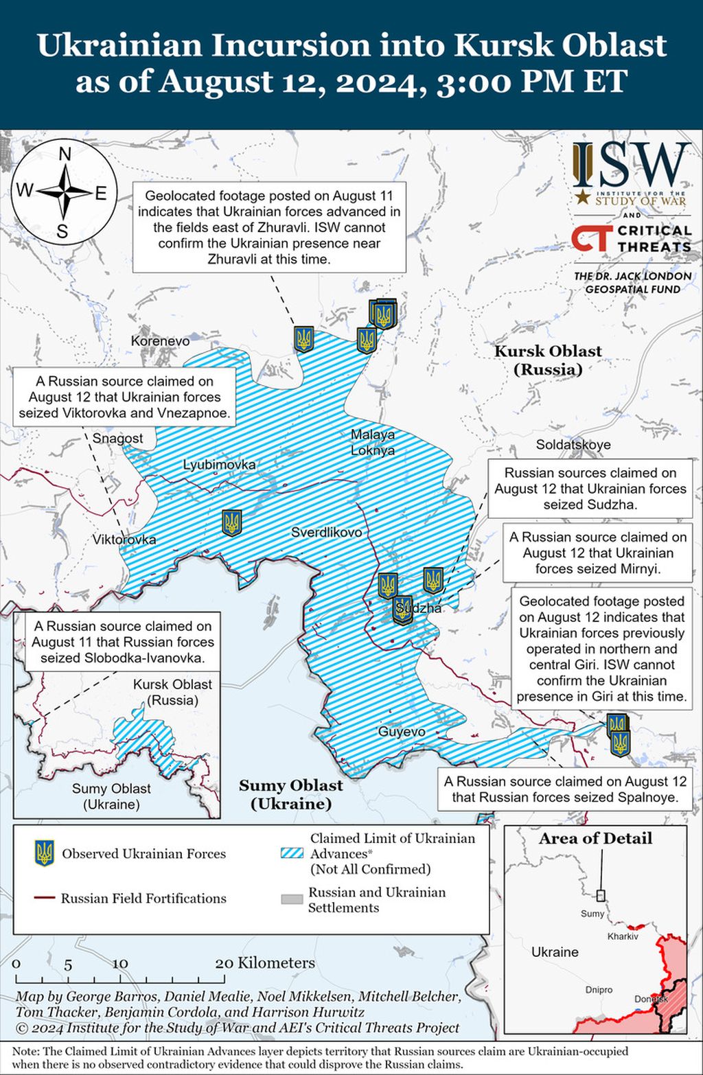 Peta serangan militer Ukraina ke wilayah perbatasan Rusia, Kursk, 12 Agustus 2024.