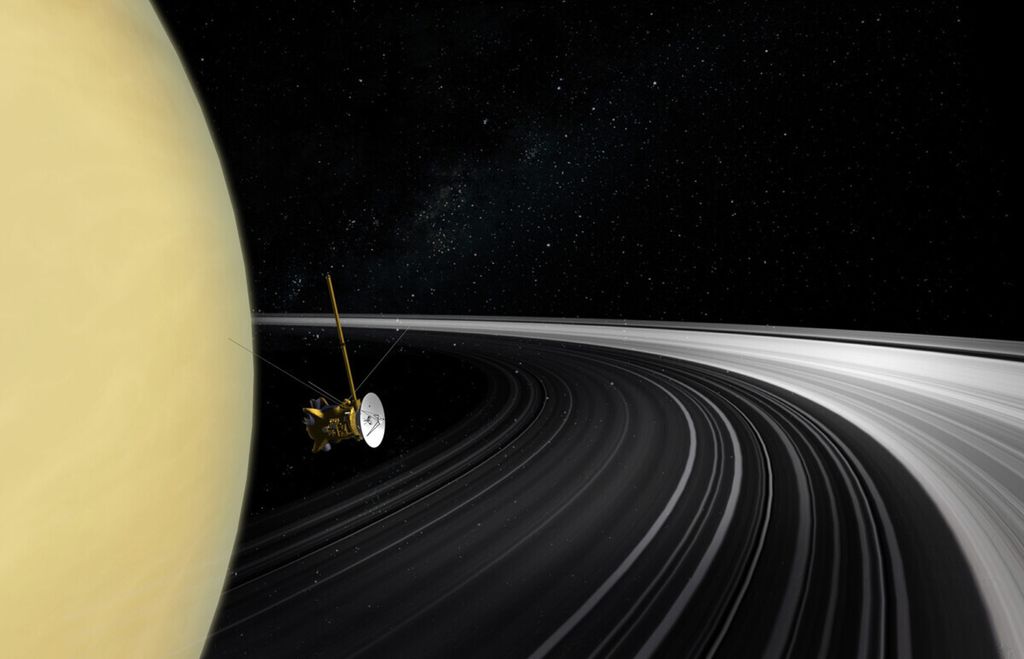 Konsep artis saat wahana Cassini mengorbit melintasi cincin Saturnus. Dari pergerakan di antara cincin Saturnus itu, Cassini bisa mengukur massa cincin untuk menentukan umur cincin Saturnus tersebut.