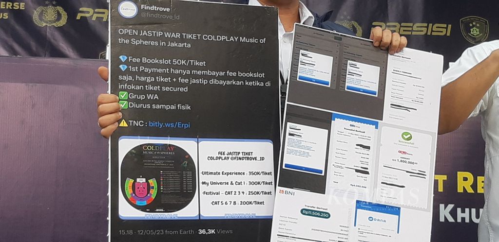 Direktorat Reserse Kriminal Khusus Polda Metro Jaya mengungkap penipuan jasa titip tiket konser Coldplay oleh dua tersangka asal Bantul, Daerah Istimewa Yogyakarta, di Polda Metro Jaya, Jakarta, Senin (22/5/2023).
