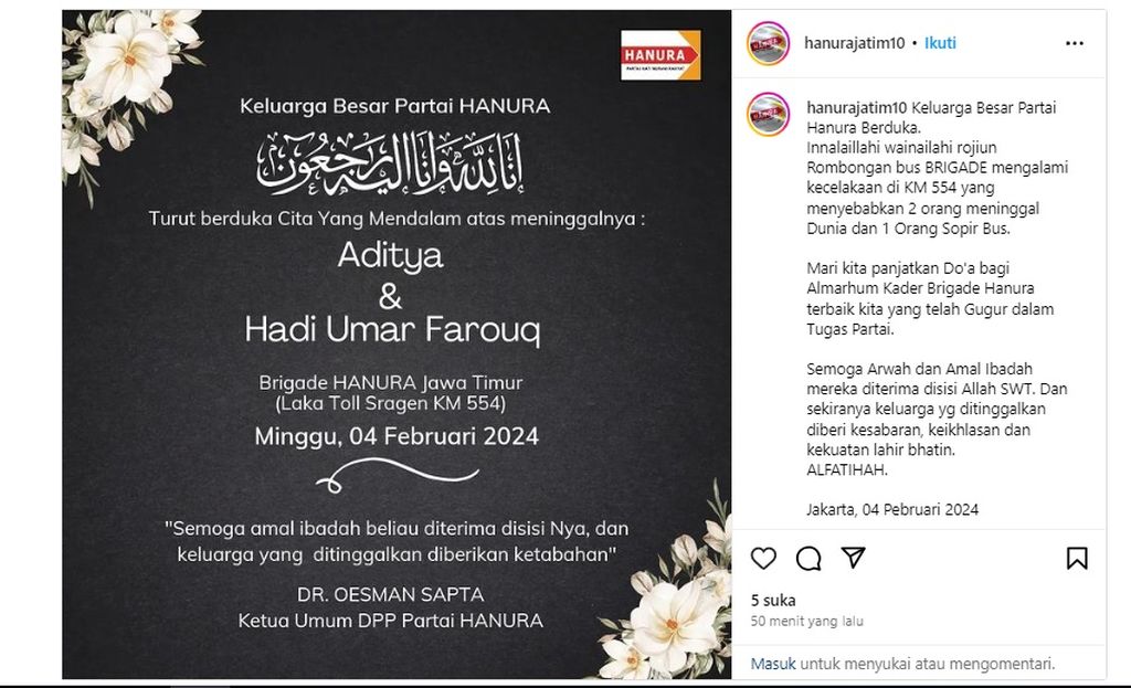 Tangkapan layar dari akun Instagram tentang ucapan belasungkawa Partai Hanura Jawa Timur terkait kecelakaan fatal yang menewaskan dua anggota Brigade Hanura di Jalan Tol Solo-Ngawi, Minggu (4/2/2024).
