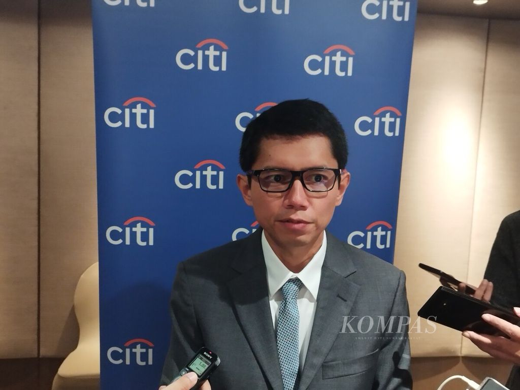 Chief Economist Citibank Indonesia (Citi Indonesia) Helmi Arman memberikan keterangan kepada awak media terkait Outlook Ekonomi 2024, di Jakarta, Senin (7/11/2023).